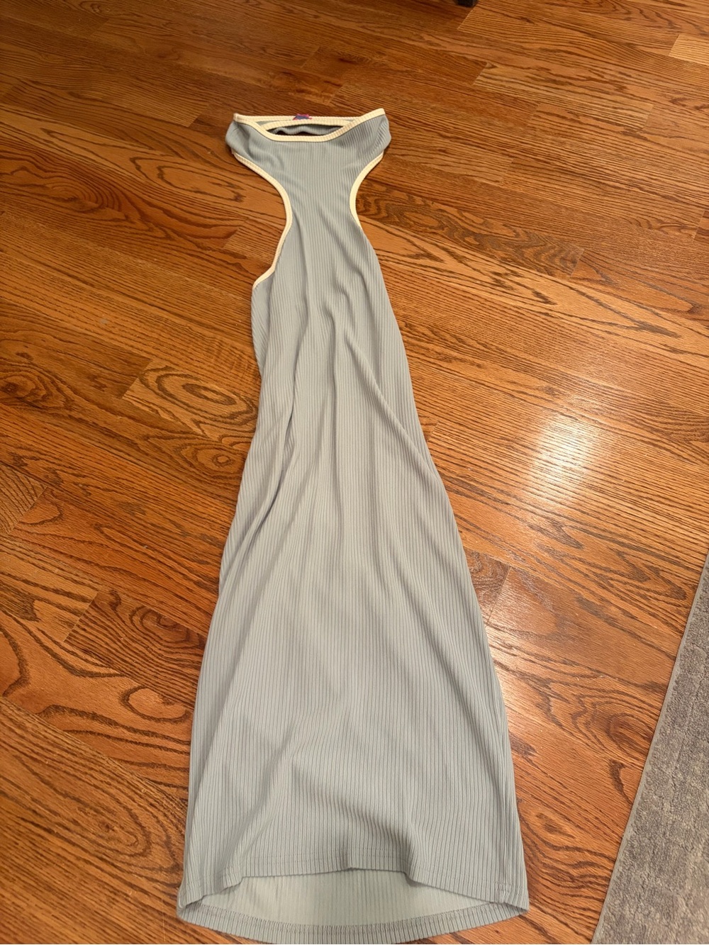 Edikted Backless Ribbed Maxi Dress in Light Gray/blue with Cream Trim